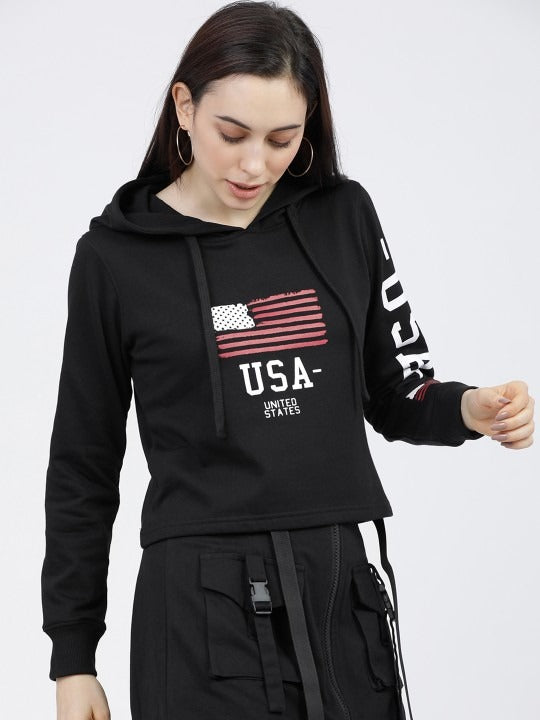 Women Black & White Printed Hooded Hoodie — Graphic Pullover with Kangaroo Pocket | HARCHIZ Pakistan