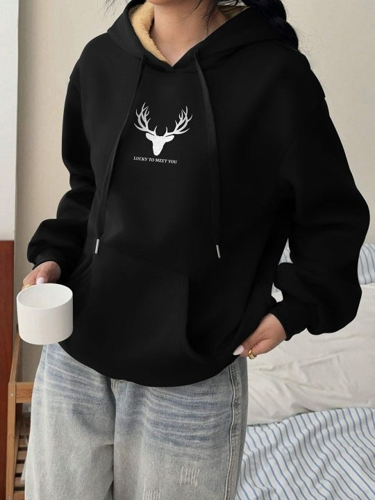 Women Printed Black Hooded Hoodie — Graphic Pullover with Kangaroo Pocket | HARCHIZ Pakistan