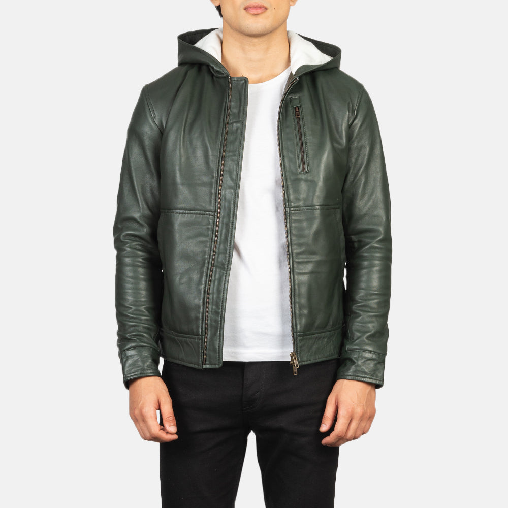 Ace Green Hooded Leather Bomber Jacket