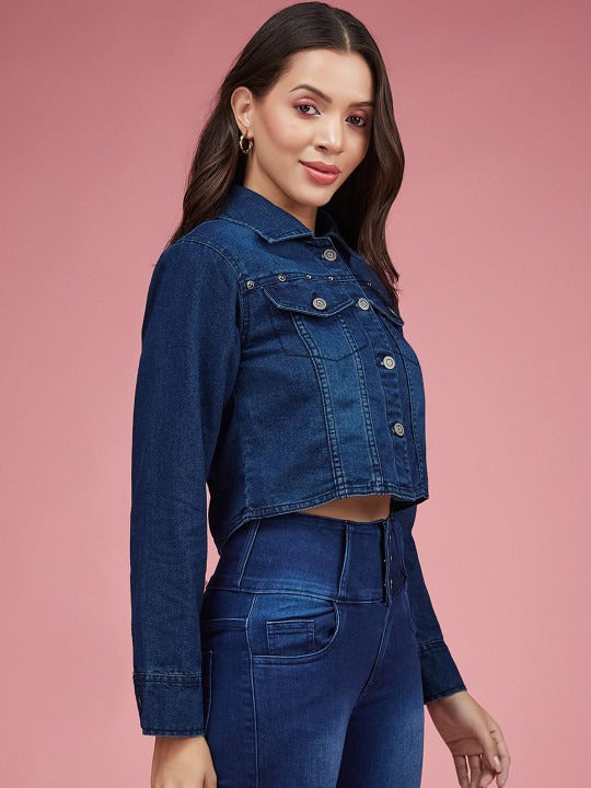 Women Spread Collar Crop Denim Jacket with Patchwork – Trendy Stylish Outerwear in Pakistan | HARCHIZ