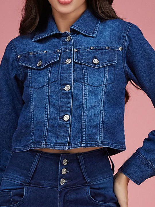 Women Spread Collar Crop Denim Jacket with Patchwork – Trendy Stylish Outerwear in Pakistan | HARCHIZ