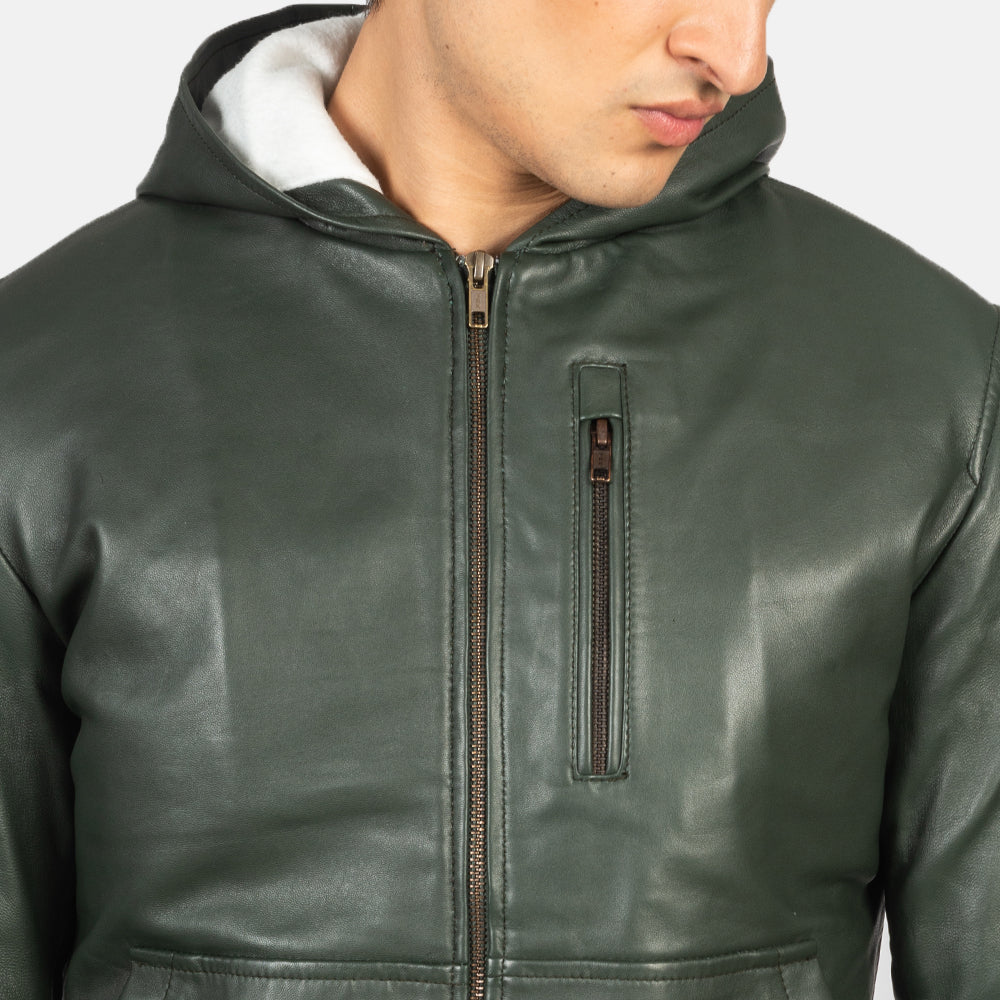 Ace Green Hooded Leather Bomber Jacket