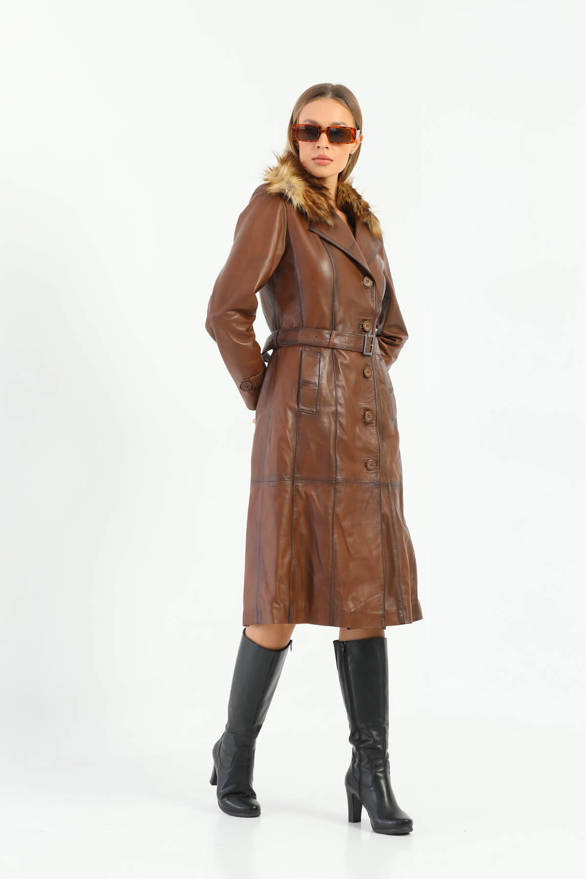 Brenda Brown Leather Trench Coat Fur Collar