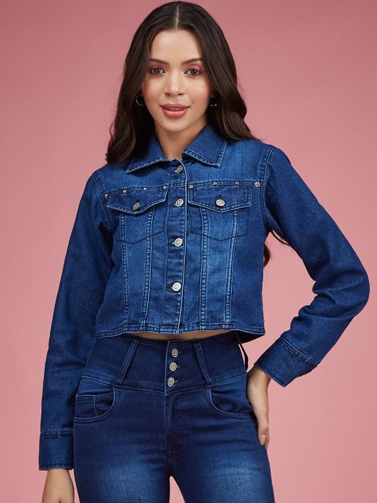 Women Spread Collar Crop Denim Jacket with Patchwork – Trendy Stylish Outerwear in Pakistan | HARCHIZ