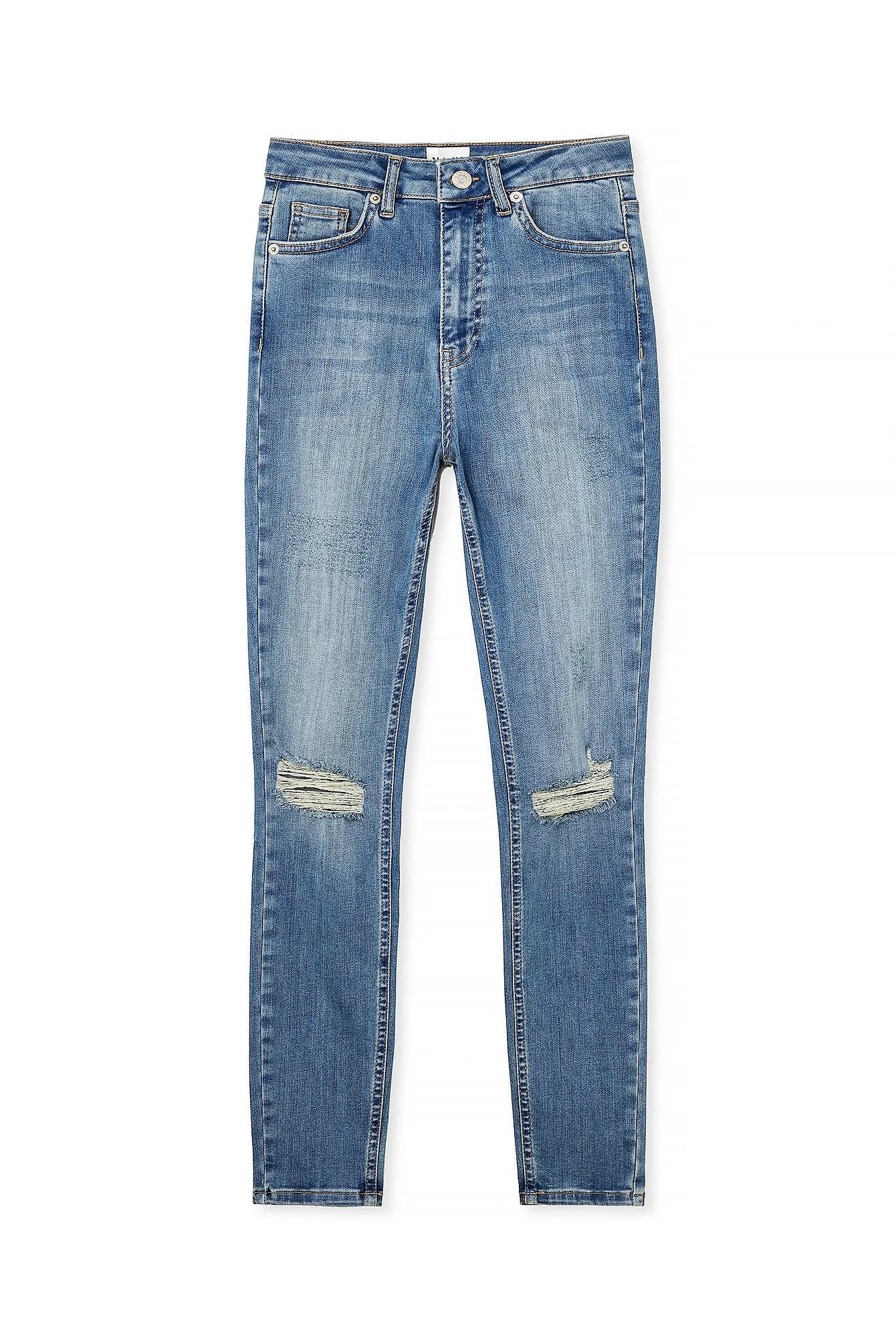 Mid Blue Skinny High Waist Destroyed Jeans - Trendy & Edgy
