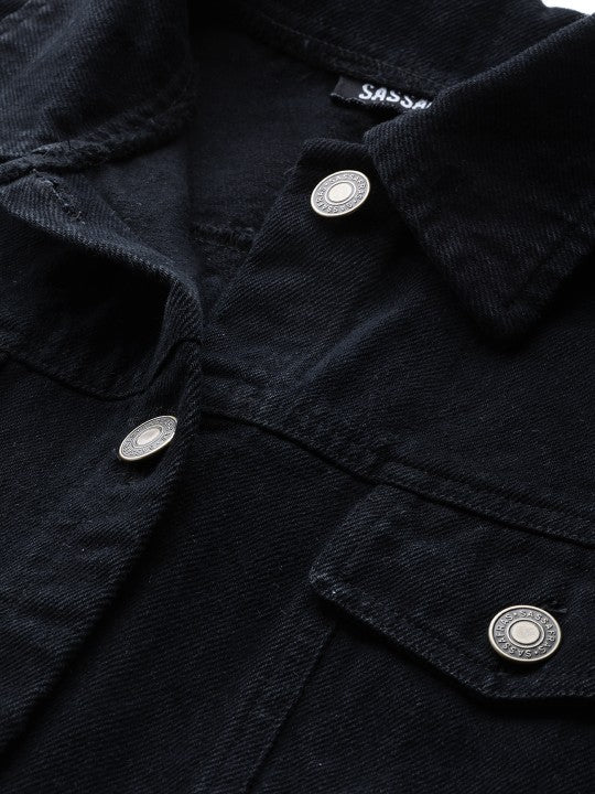 Harchiz Women Black Fringed Hem Denim Jacket – Trendy Street Style Look