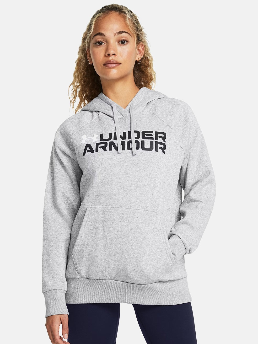 Printed Rival Fleece Wordmark Gray Hoodie — Cozy Fleece Pullover with Wordmark Print & Kangaroo Pocket | HARCHIZ Pakistan