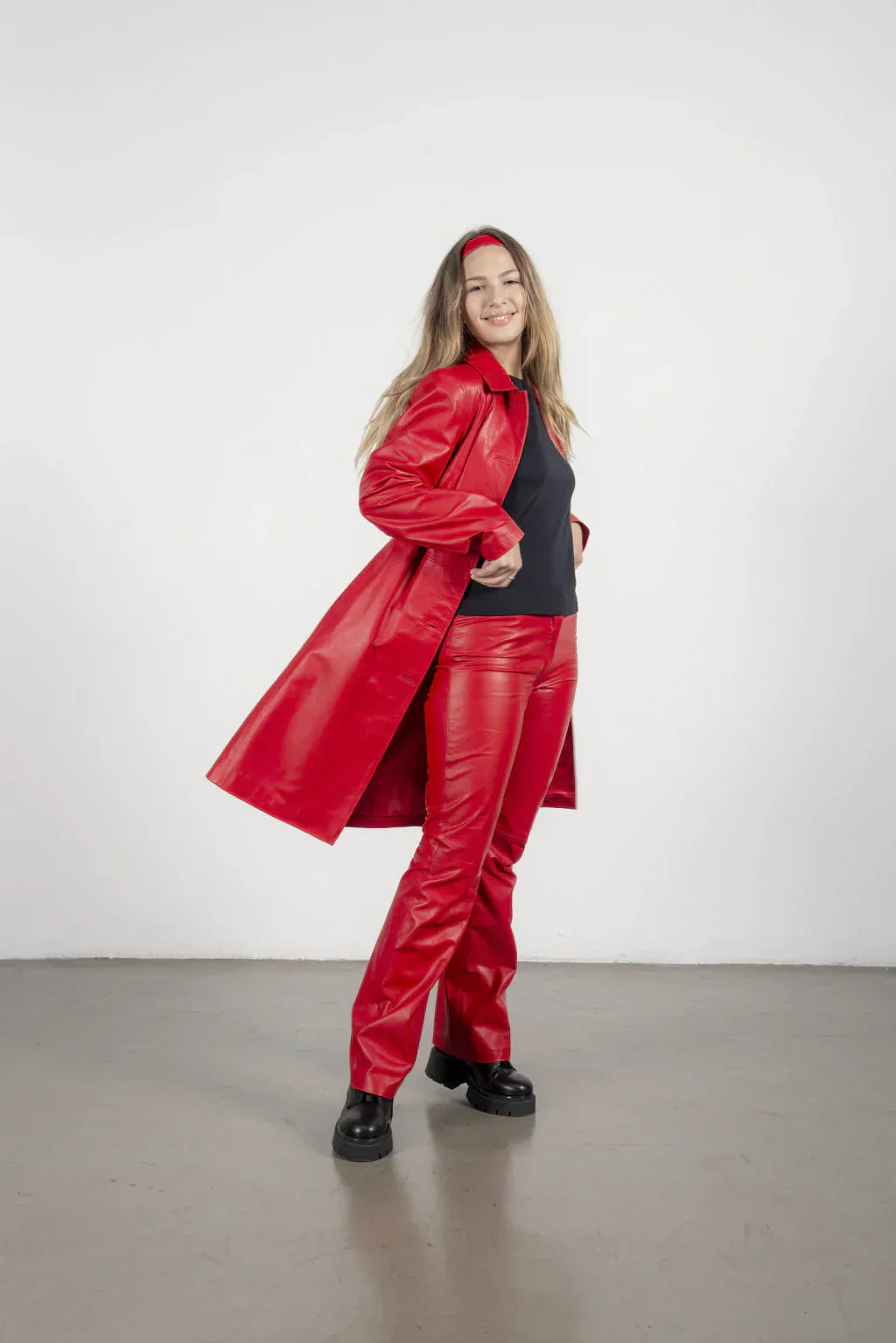 Ace Blood Red Leather Coat For Women's