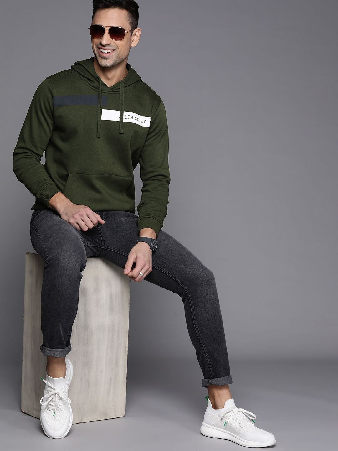 Men Olive Green Hooded Sweatshirt with Brand Logo Print – Winter Wear in Pakistan