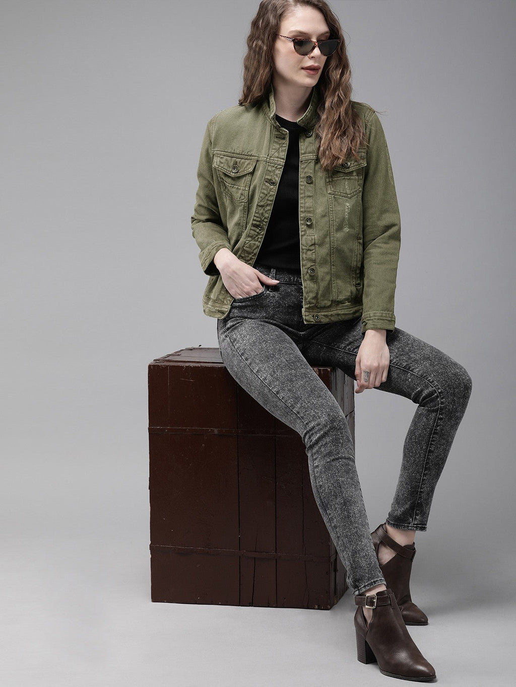 Harchiz The Lifestyle Co Women’s Olive Green Solid Denim Jacket – Trendy Outdoor Layer