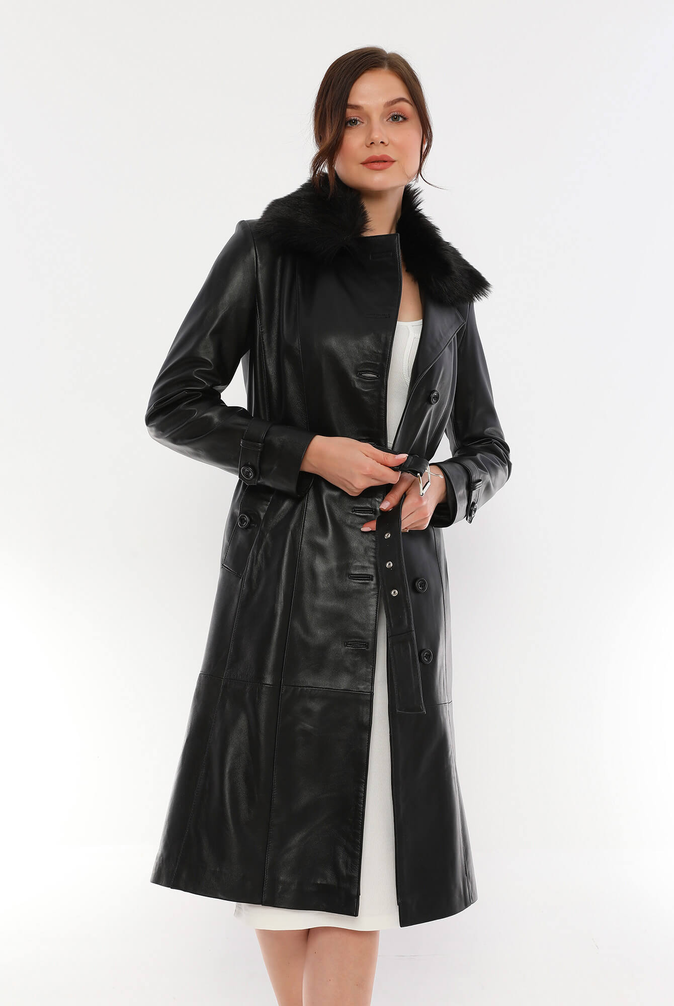 Brenda Black Leather Trench Coat Fur Collar