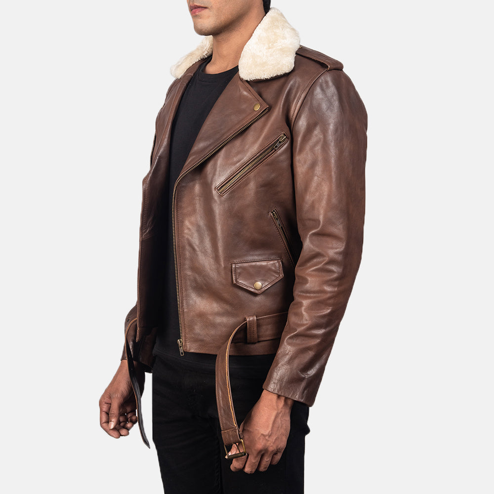 Fur Collar Brown Leather Biker Jacket