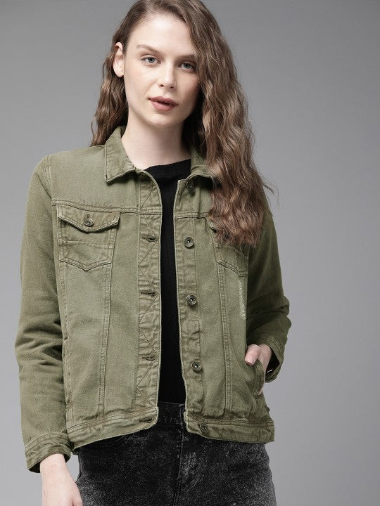 Harchiz The Lifestyle Co Women’s Olive Green Solid Denim Jacket – Trendy Outdoor Layer