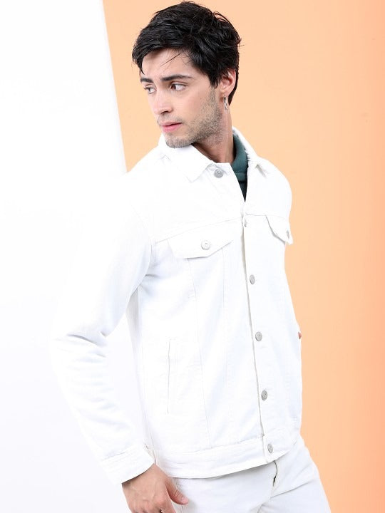 Men White Solid Denim Jacket – Breathable Summer Outerwear for Pakistani Style | HARCHIZ