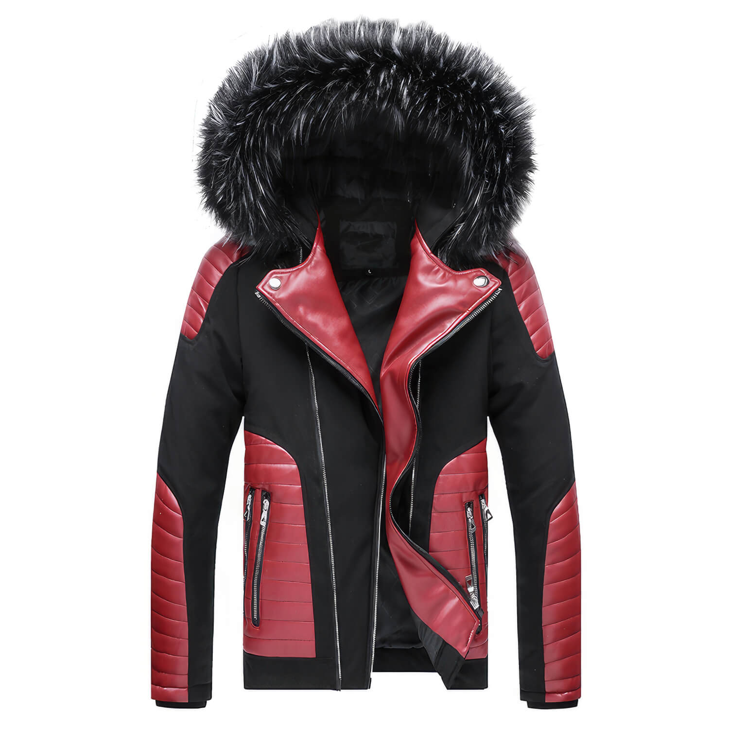 Men's Black Biker Genuine Sheepskin Detachable Hood Faux Fur Red Quilted Design Motorcycle Rider Parka Warm Leather Jacket  - Back View - HARCHIZ