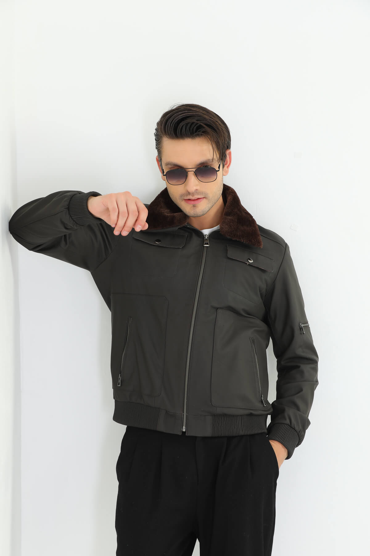 Ace Inverness Gray Leather Jacket Furry collar