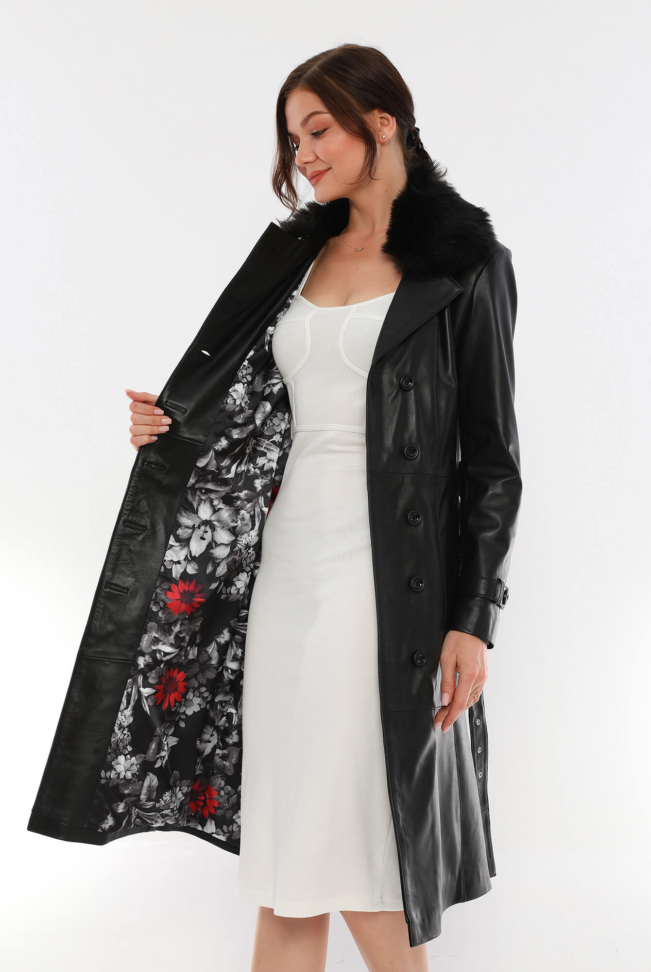 Brenda Black Leather Trench Coat Fur Collar