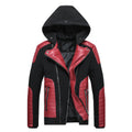 Men's Black Biker Genuine Sheepskin Detachable Hood Faux Fur Red Quilted Design Motorcycle Rider Parka Warm Leather Jacket - Front View - Docacca
