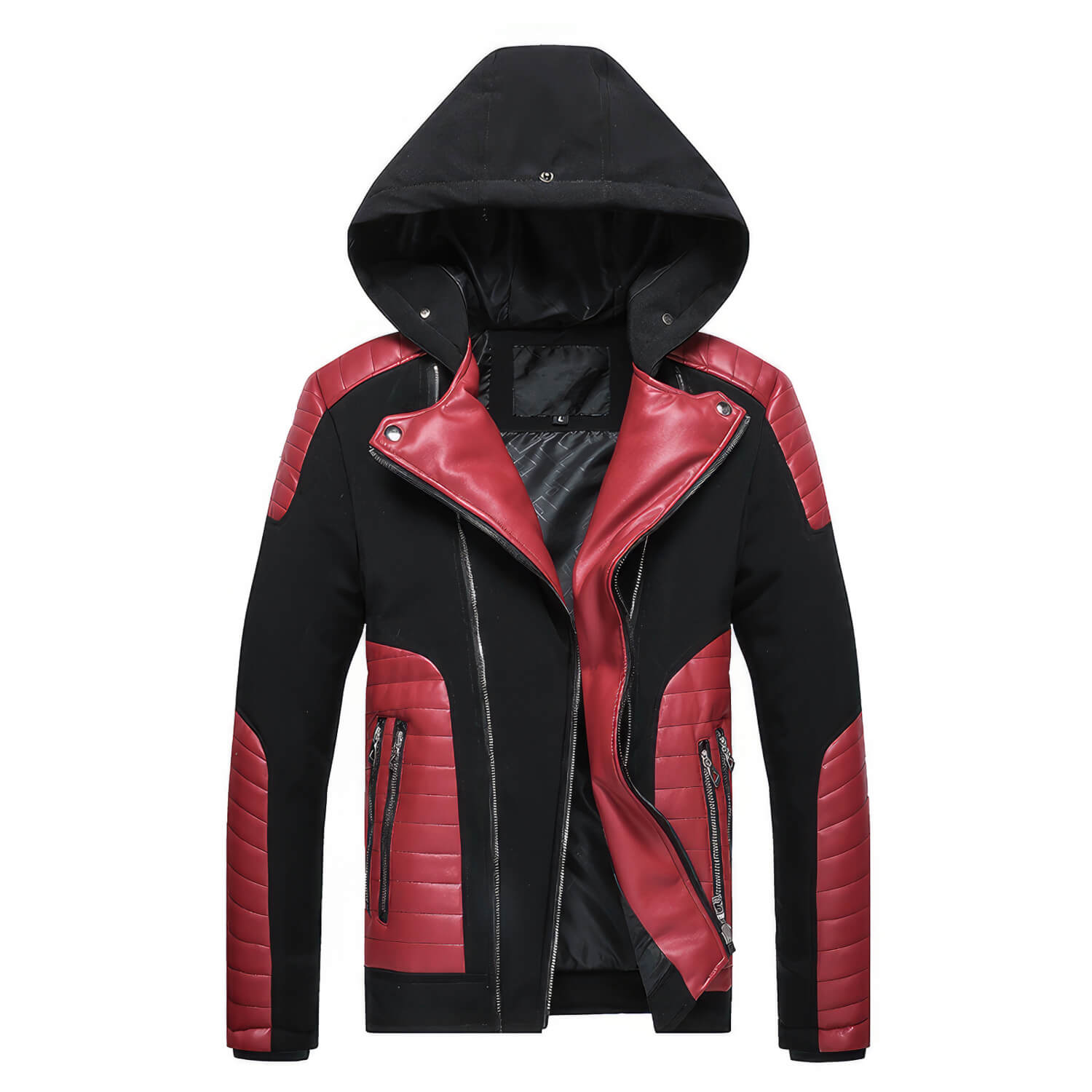 Men's Black Biker Genuine Sheepskin Detachable Hood Faux Fur Red Quilted Design Motorcycle Rider Parka Warm Leather Jacket - Front View - HARCHIZ