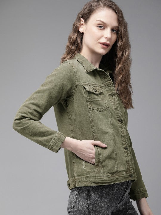 Harchiz The Lifestyle Co Women’s Olive Green Solid Denim Jacket – Trendy Outdoor Layer