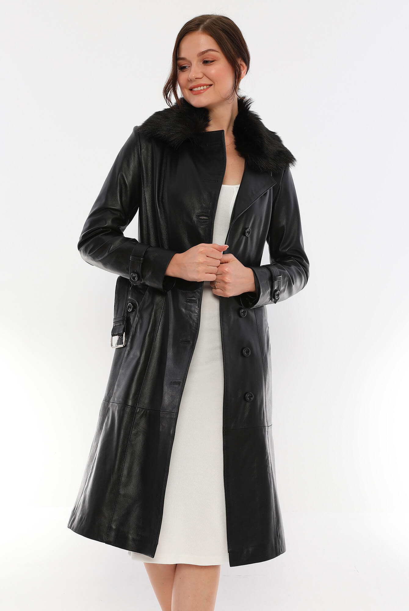Brenda Black Leather Trench Coat Fur Collar