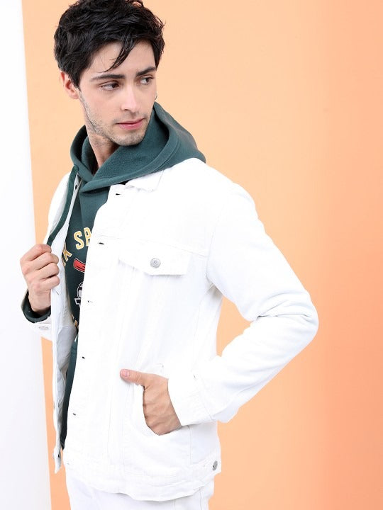 Men White Solid Denim Jacket – Breathable Summer Outerwear for Pakistani Style | HARCHIZ