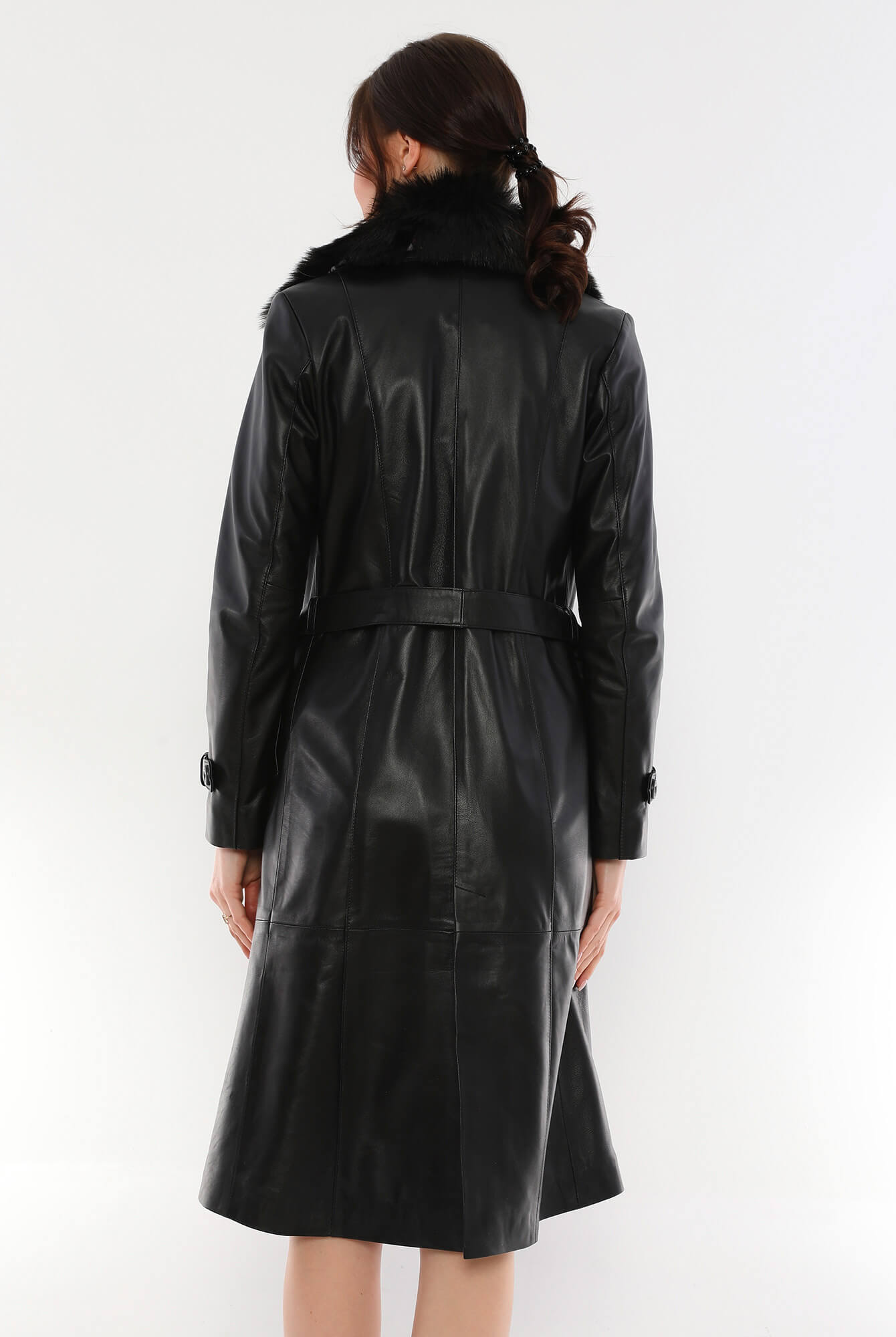 Brenda Black Leather Trench Coat Fur Collar