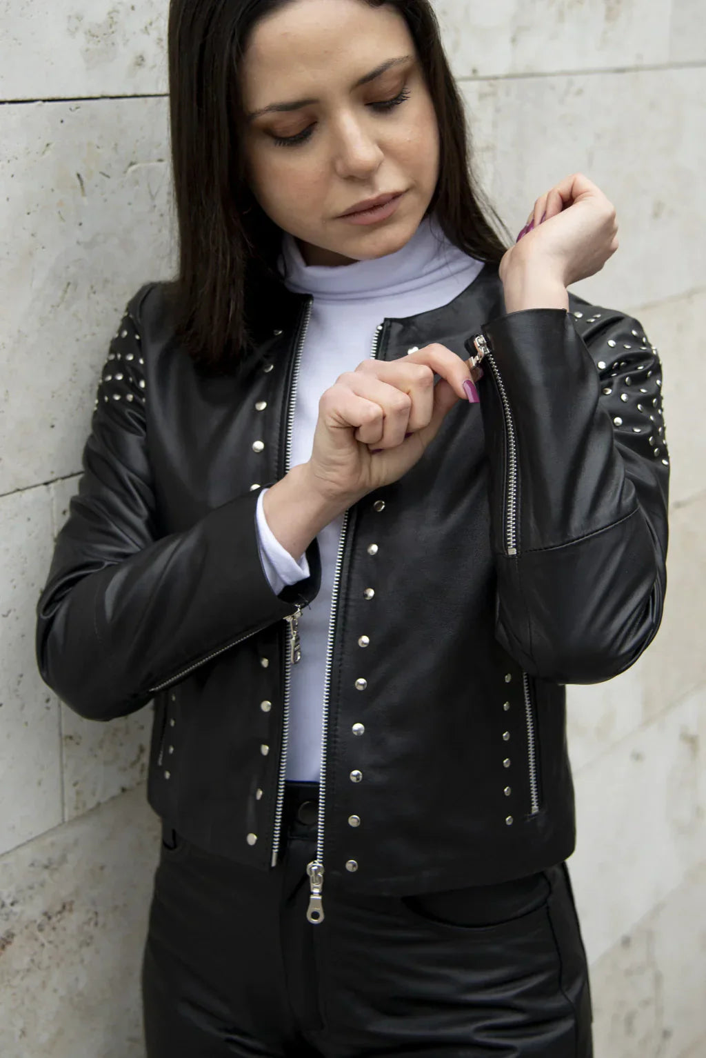 Black Women Biker Leather Jacket With Studs