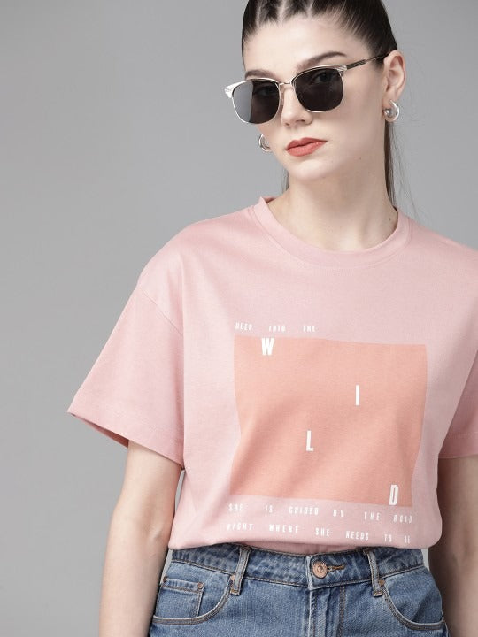 Women Pink Printed Cotton Boxy T-Shirt Pakistan