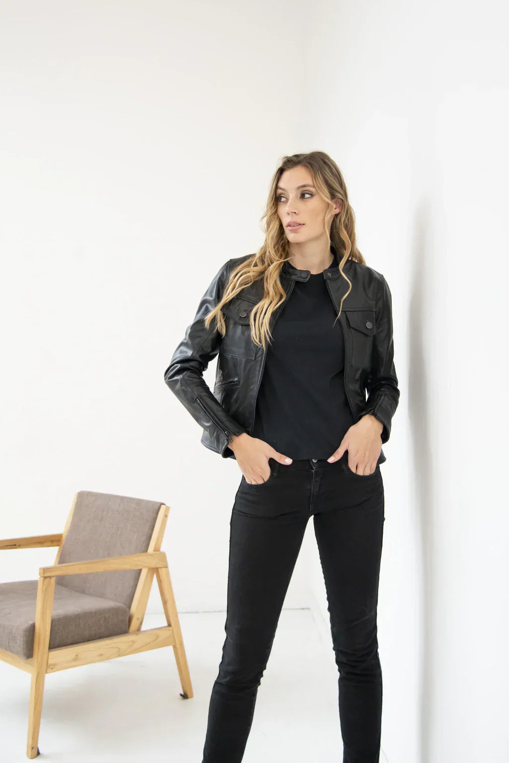 Black Denim Style Women Leather Jacket