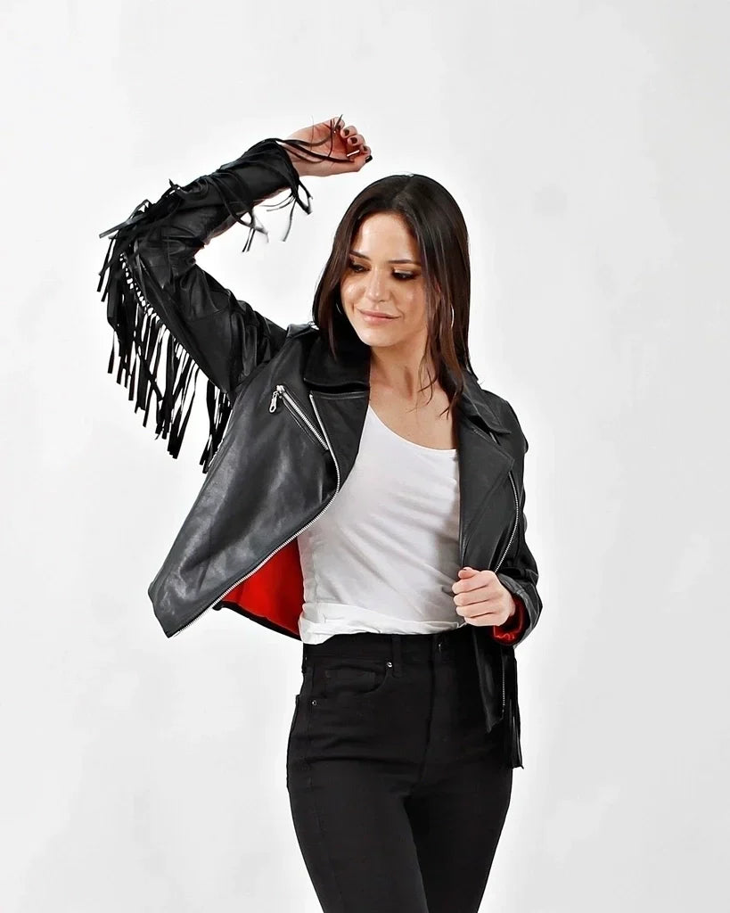 Black Fringe Women Biker Leather Jacket