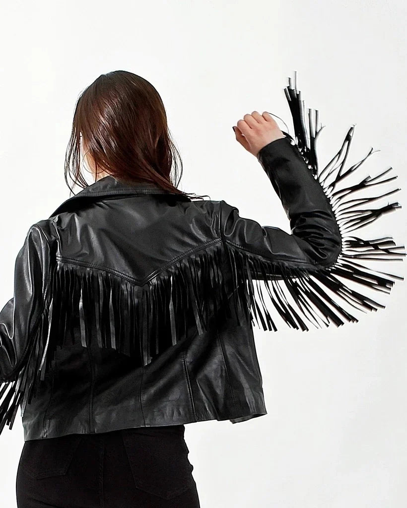 Black Fringe Women Biker Leather Jacket