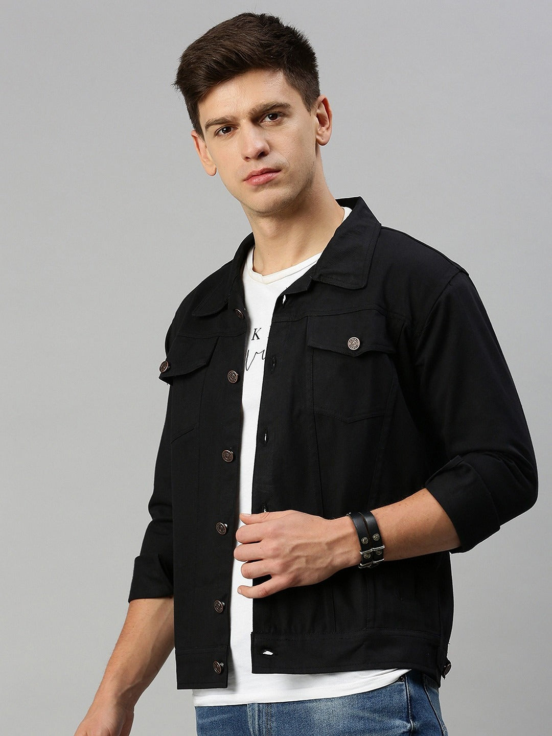 Spread Collar Denim Jacket for Men – Dual Pocket Long Sleeve Style in Pakistan