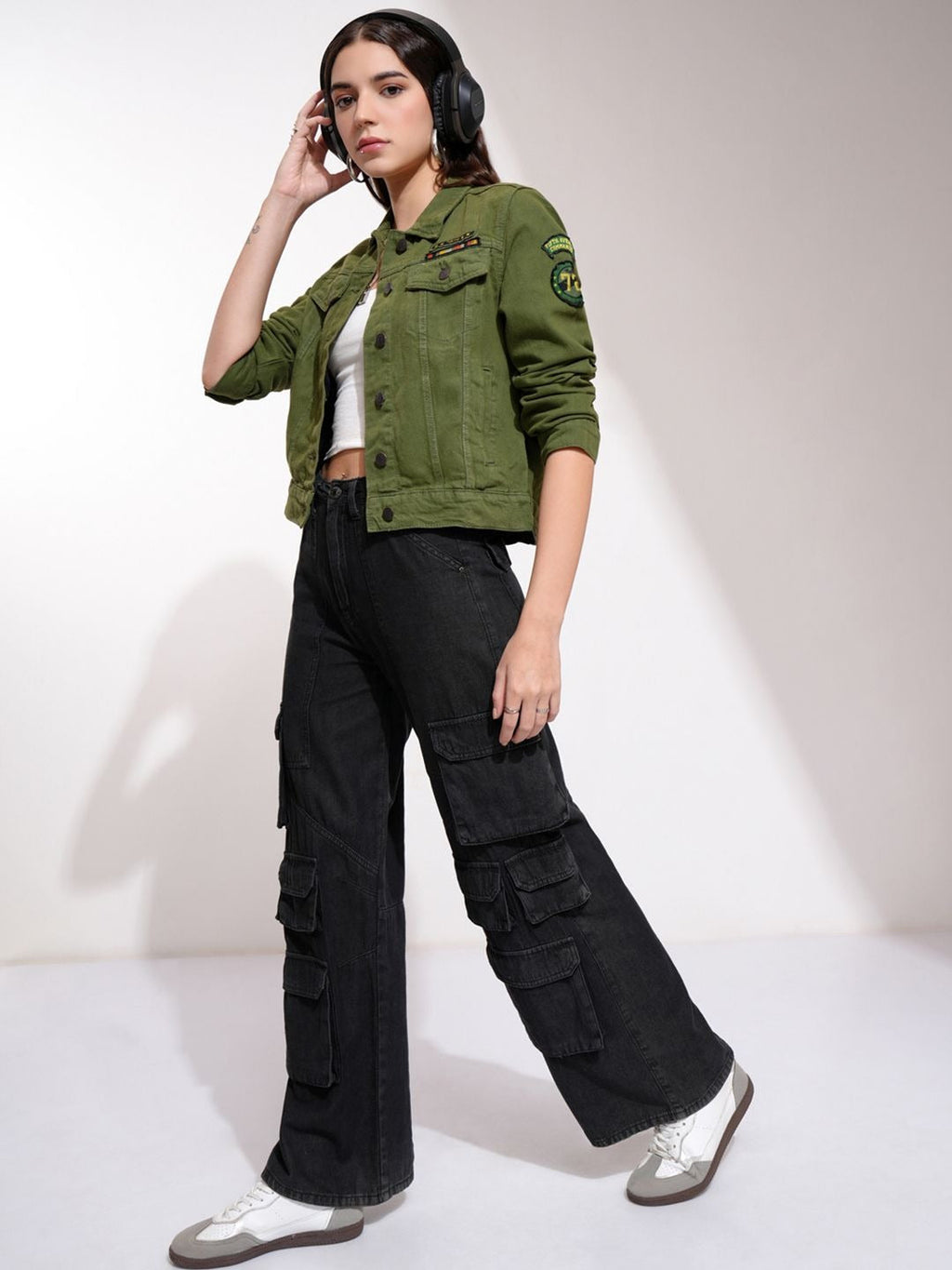 Women Olive Green Solid Denim Jacket – Trendy, Versatile Everyday Outerwear in Pakistan | HARCHIZ