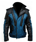 Men's Blue Black Genuine Sheepskin Shirt Collar Asymmetric Belted Elegant Fashionable Military Style Leather Jacket - Front View - Docacca