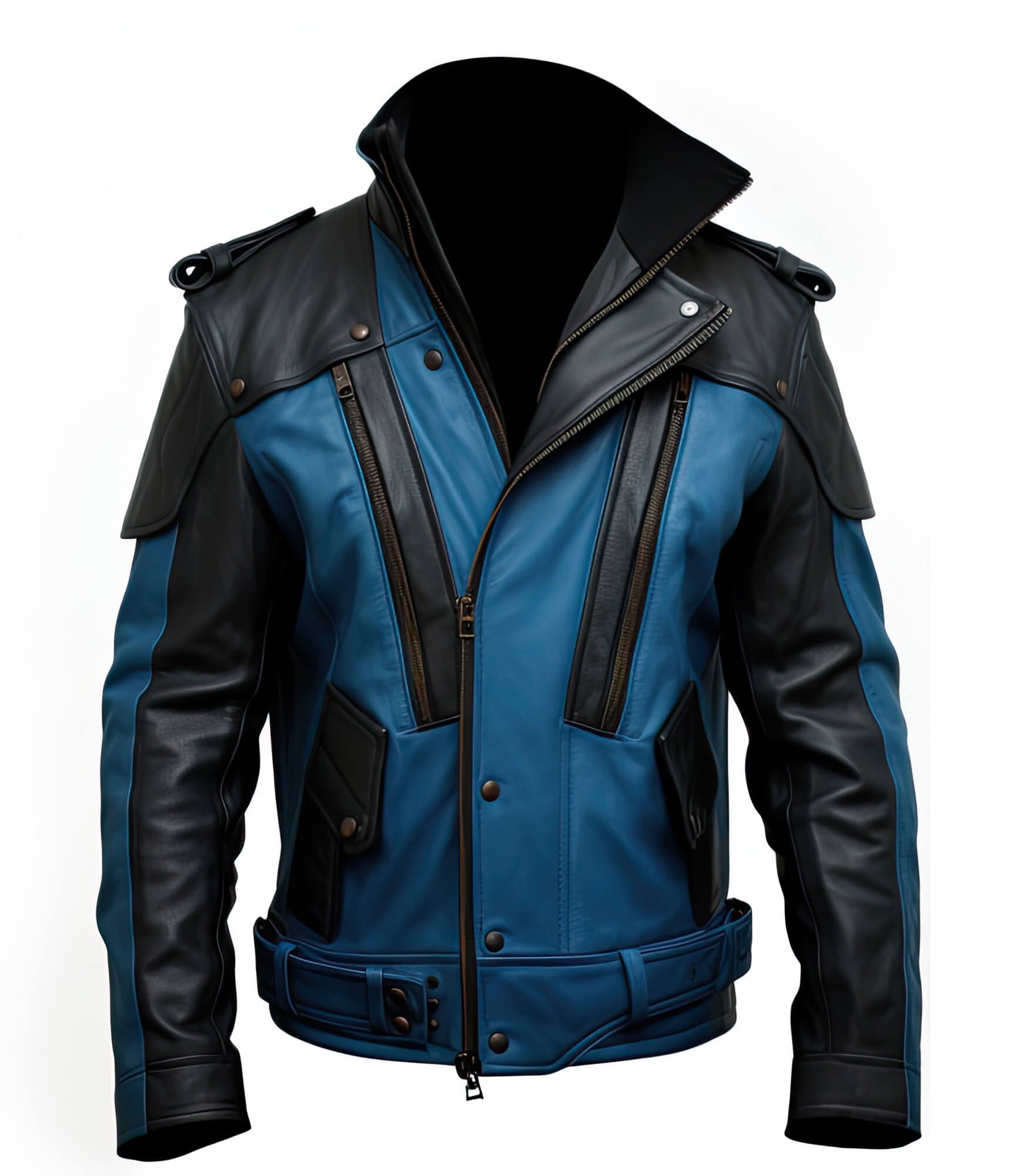 Men's Blue Black Genuine Sheepskin Shirt Collar Asymmetric Belted Elegant Fashionable Military Style Leather Jacket - Front View - HARCHIZ