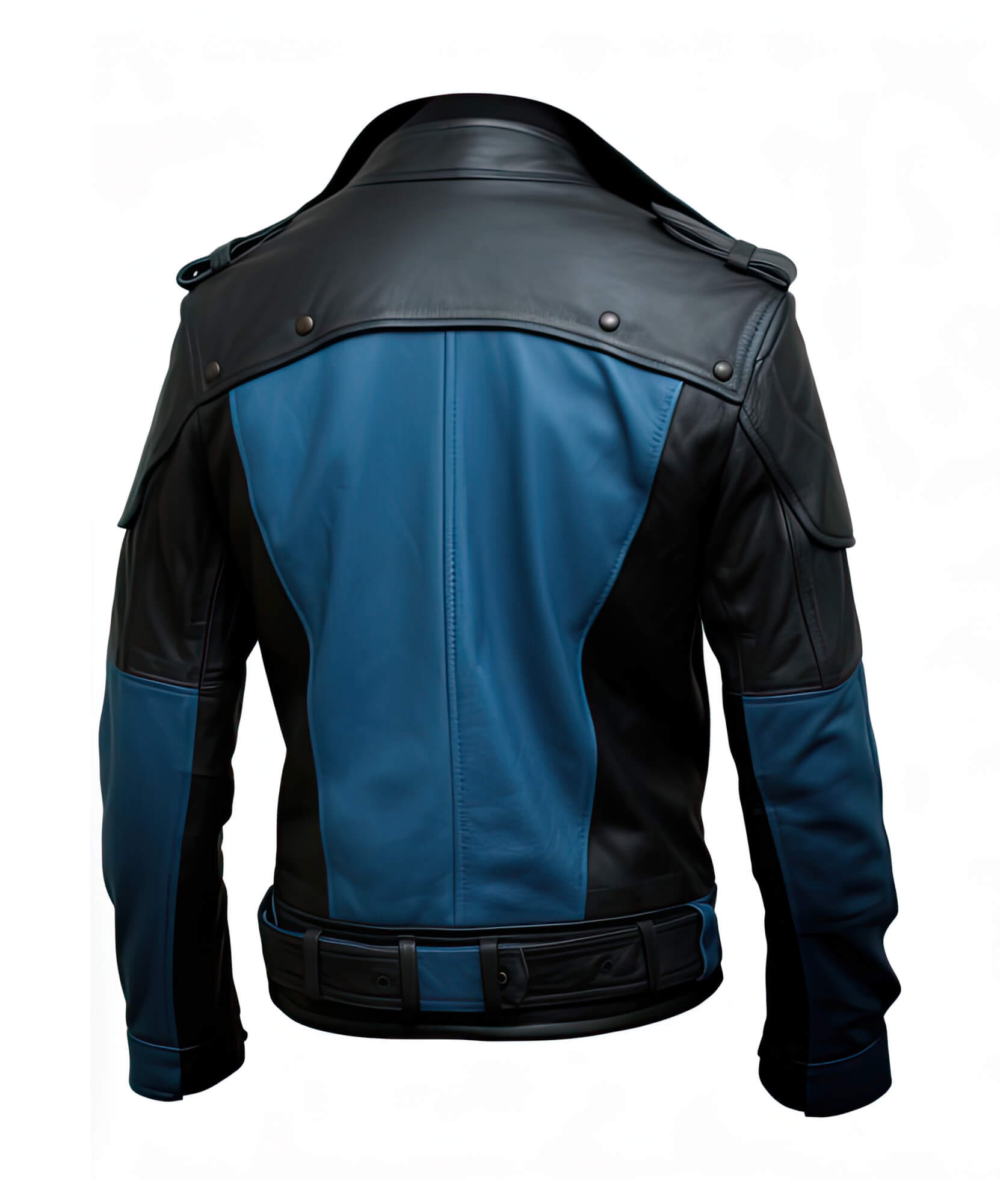 Men's Blue Black Genuine Sheepskin Shirt Collar Asymmetric Belted Elegant Fashionable Military Style Leather Jacket - Back View - HARCHIZ