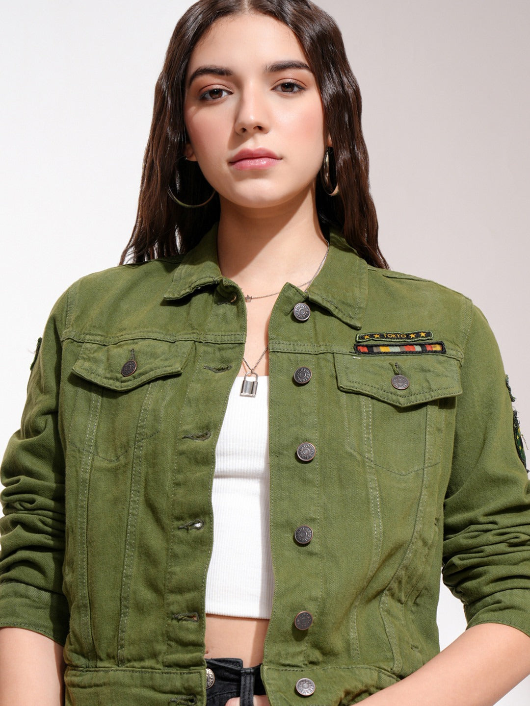 Women Olive Green Solid Denim Jacket – Trendy, Versatile Everyday Outerwear in Pakistan | HARCHIZ