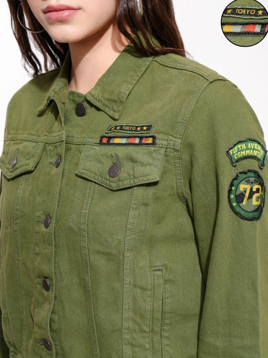 Women Olive Green Solid Denim Jacket – Trendy, Versatile Everyday Outerwear in Pakistan | HARCHIZ