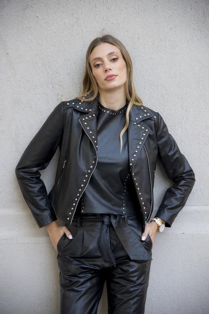 Crop Studded Women Biker Leather Jacket