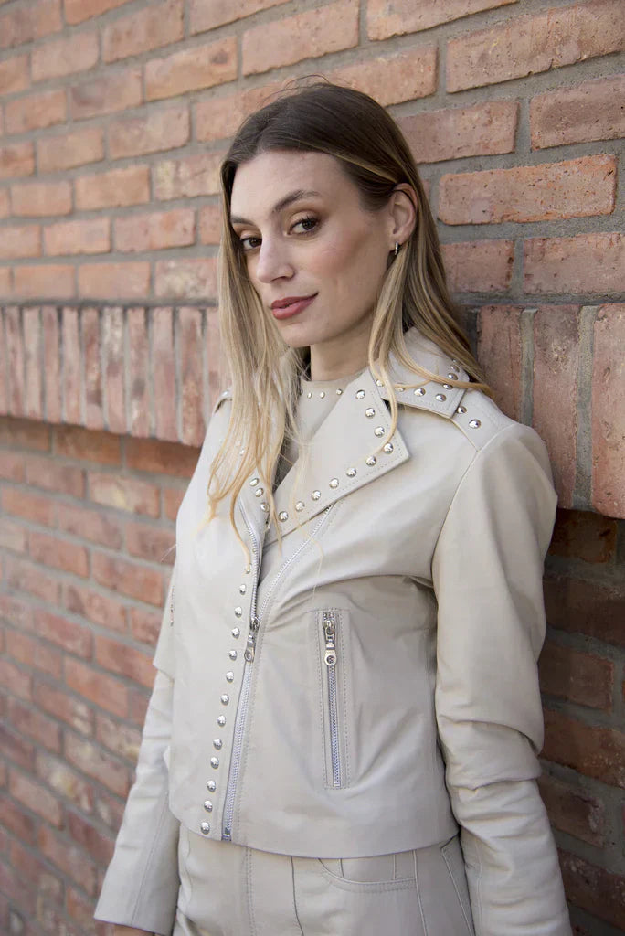 Beige Crop Studded Women Biker Leather Jacket