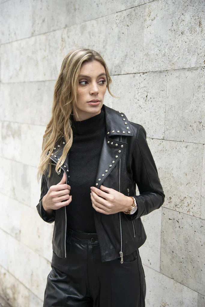 Black Crop Studded Womens's Biker Leather Jacket
