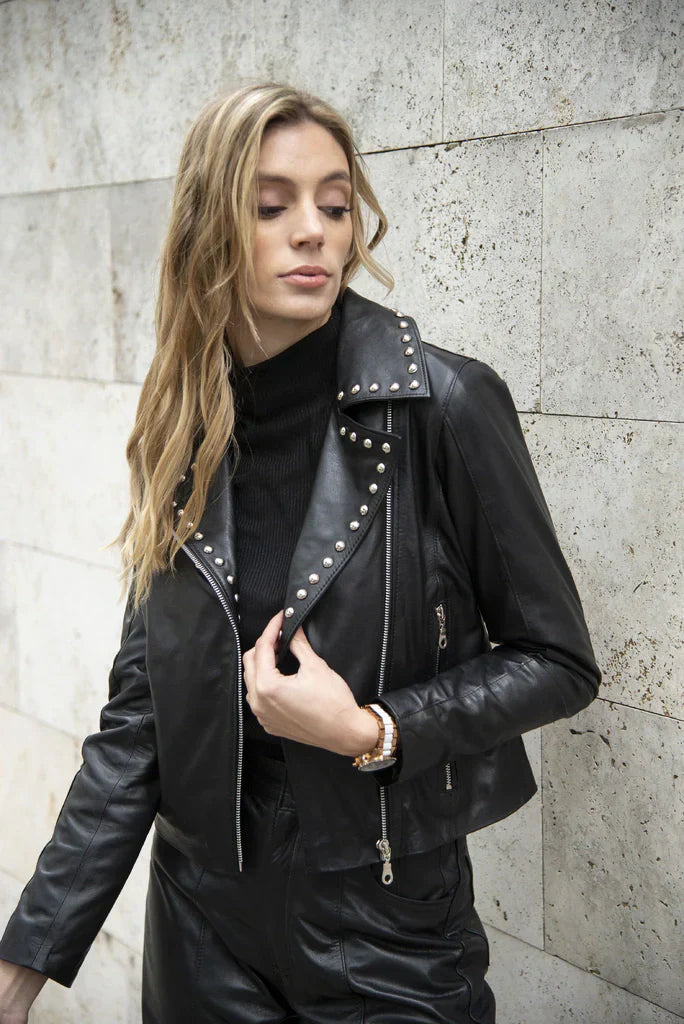 Black Crop Studded Womens's Biker Leather Jacket