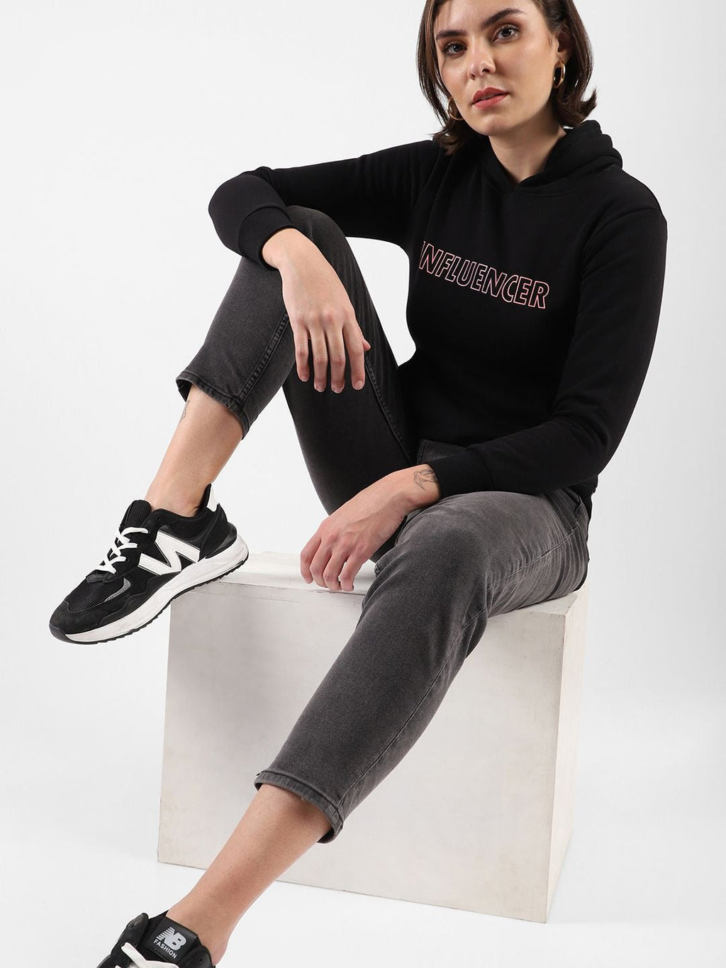 Women Black Printed Hooded Cotton Pullover — Graphic Black Hoodie Pakistan