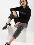 Women Black Printed Hooded Cotton Pullover — Graphic Black Hoodie Pakistan