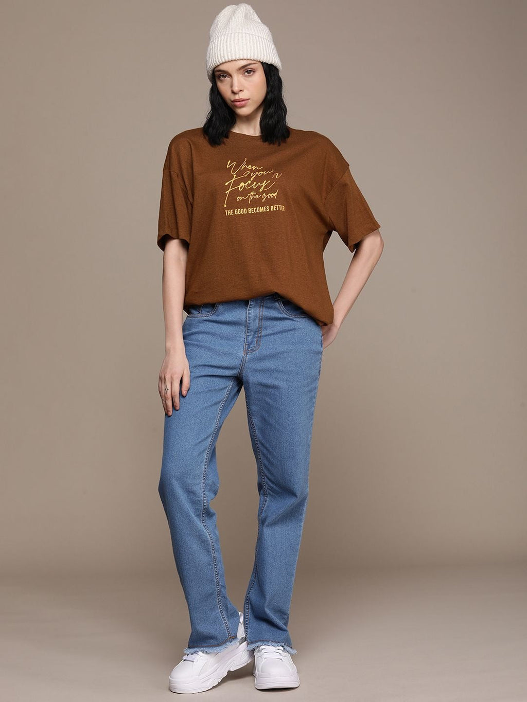 Typography Printed Drop-Shoulder Oversized T-Shirt for Women