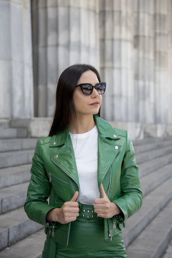Green Women's Biker Leather Jacket