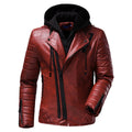 Men's Vintage Distressed Maroon Biker Genuine Sheepskin Lapel Collar Hooded Motorcycle Rider Crossover Retro Quilted Asymmetric Leather Jacket - Front View - Docacca