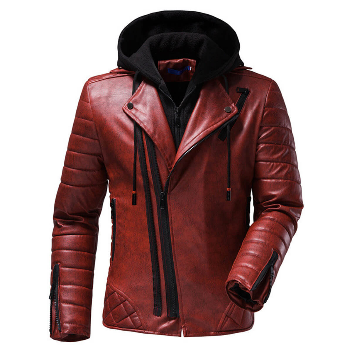 Men's Vintage Distressed Maroon Biker Genuine Sheepskin Lapel Collar Hooded Motorcycle Rider Crossover Retro Quilted Asymmetric Leather Jacket - Front View - HARCHIZ