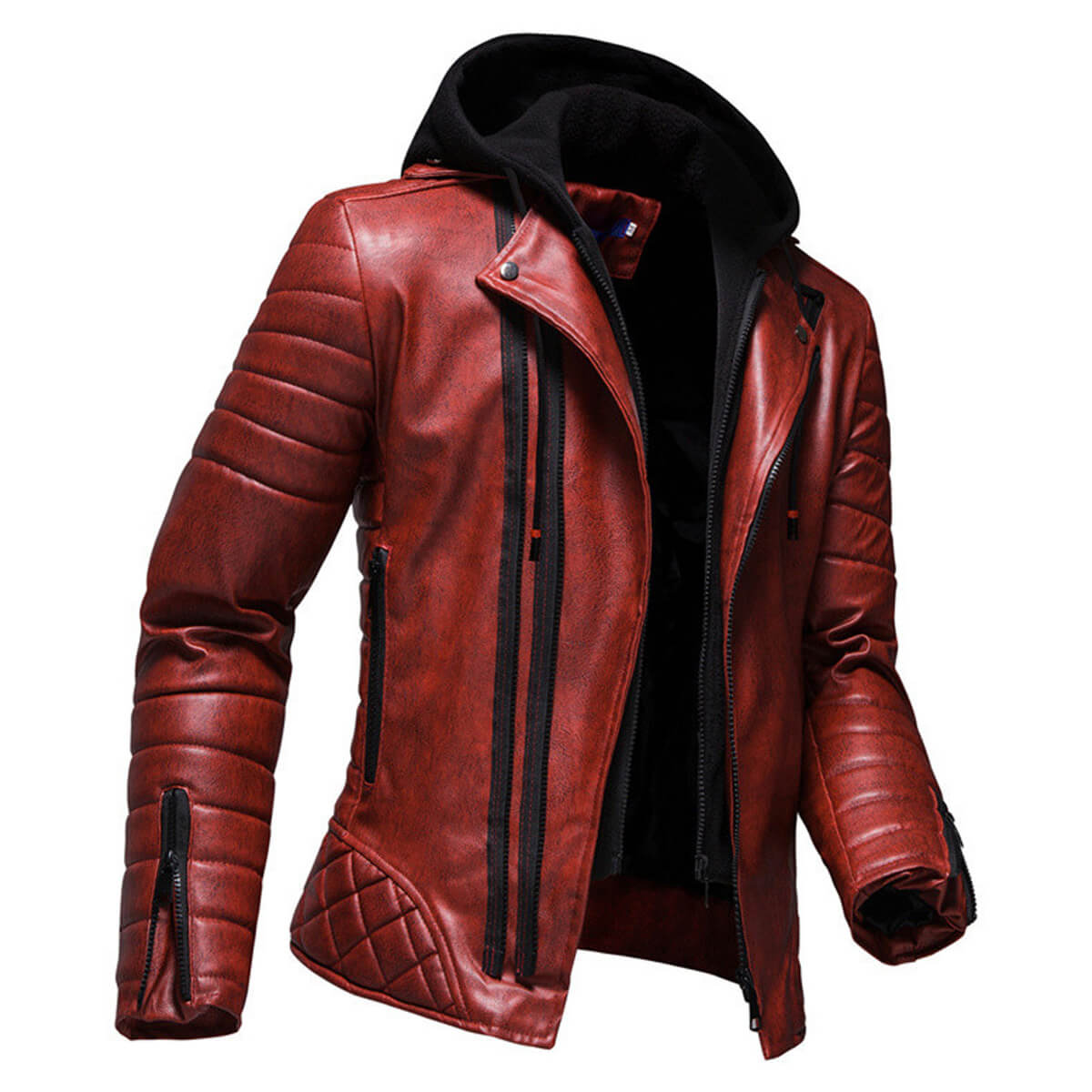 Men's Vintage Distressed Maroon Biker Genuine Sheepskin Lapel Collar Hooded Motorcycle Rider Crossover Retro Quilted Asymmetric Leather Jacket  - Back View - HARCHIZ